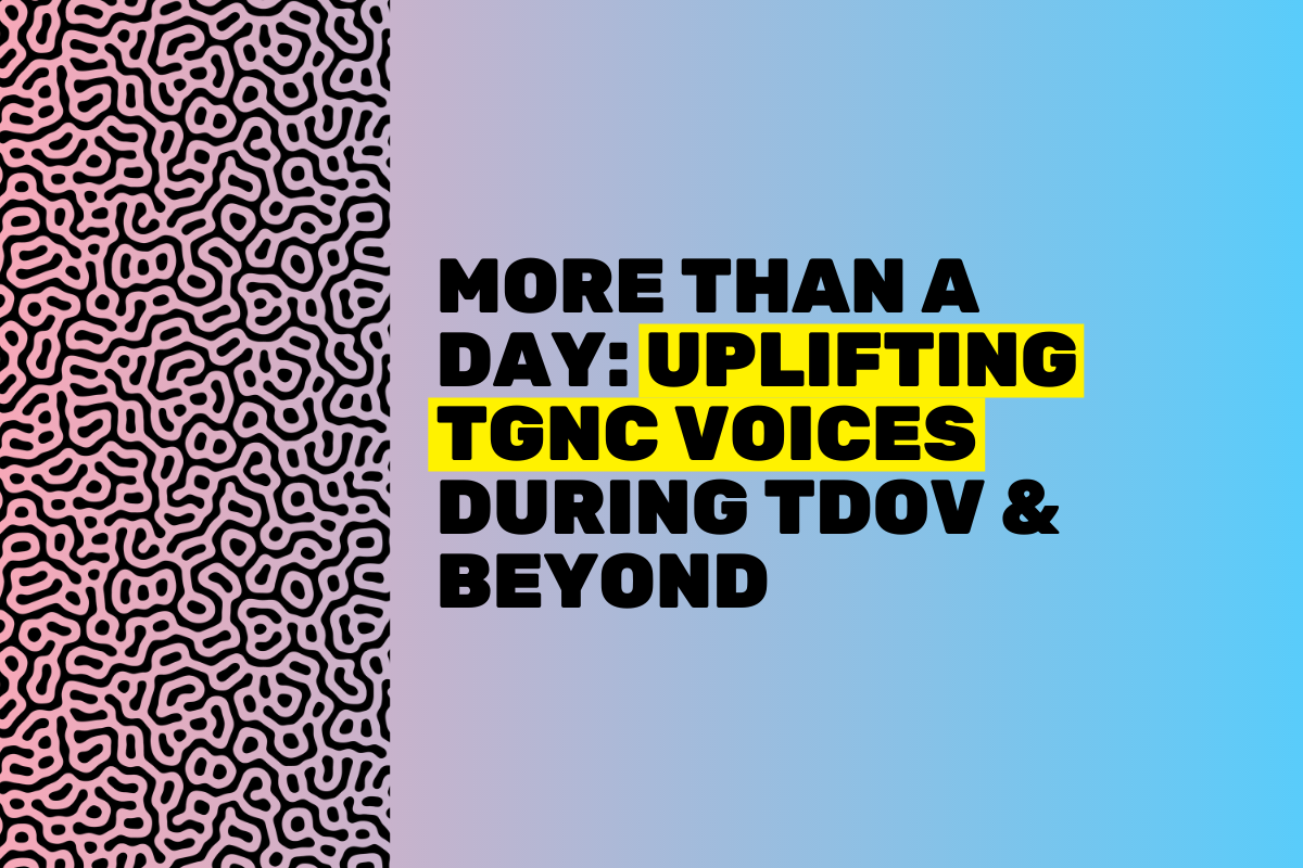 Image of a trans pride gradient with pattern and the text: More than a Day: Uplifting TGNC voices during TDOV & Beyond