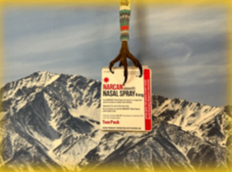 Mountains behind a eagle claw holding Narcan