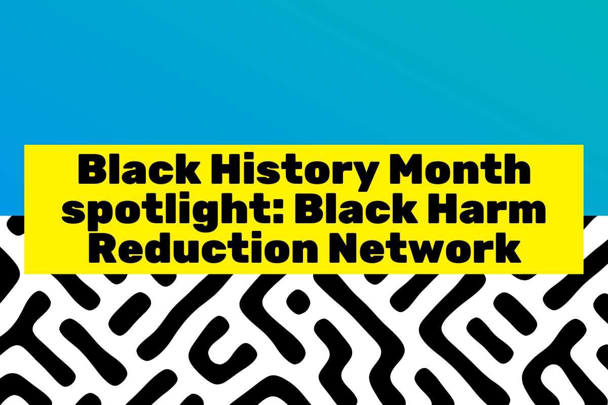 Top half of graphic shows blue/teal gradient. Bottom half shows black and white maze-like pattern. At middle over yellow box, black, bold text reads, "Black History Month spotlight: Black Harm Reduction Network