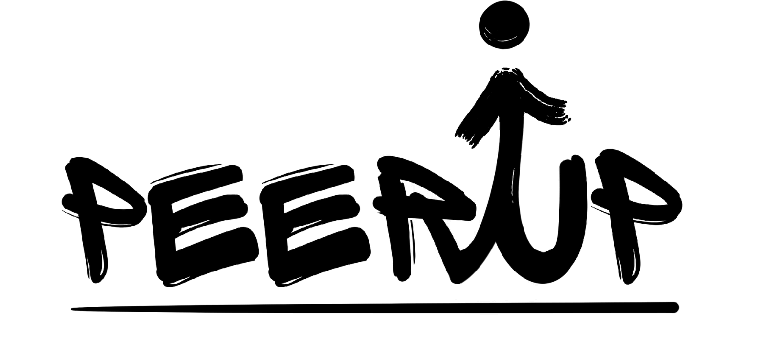 PEER UP Black Logo Black font reading, “PEERUP,” with a stick figure-like illustration rising up above the “U”