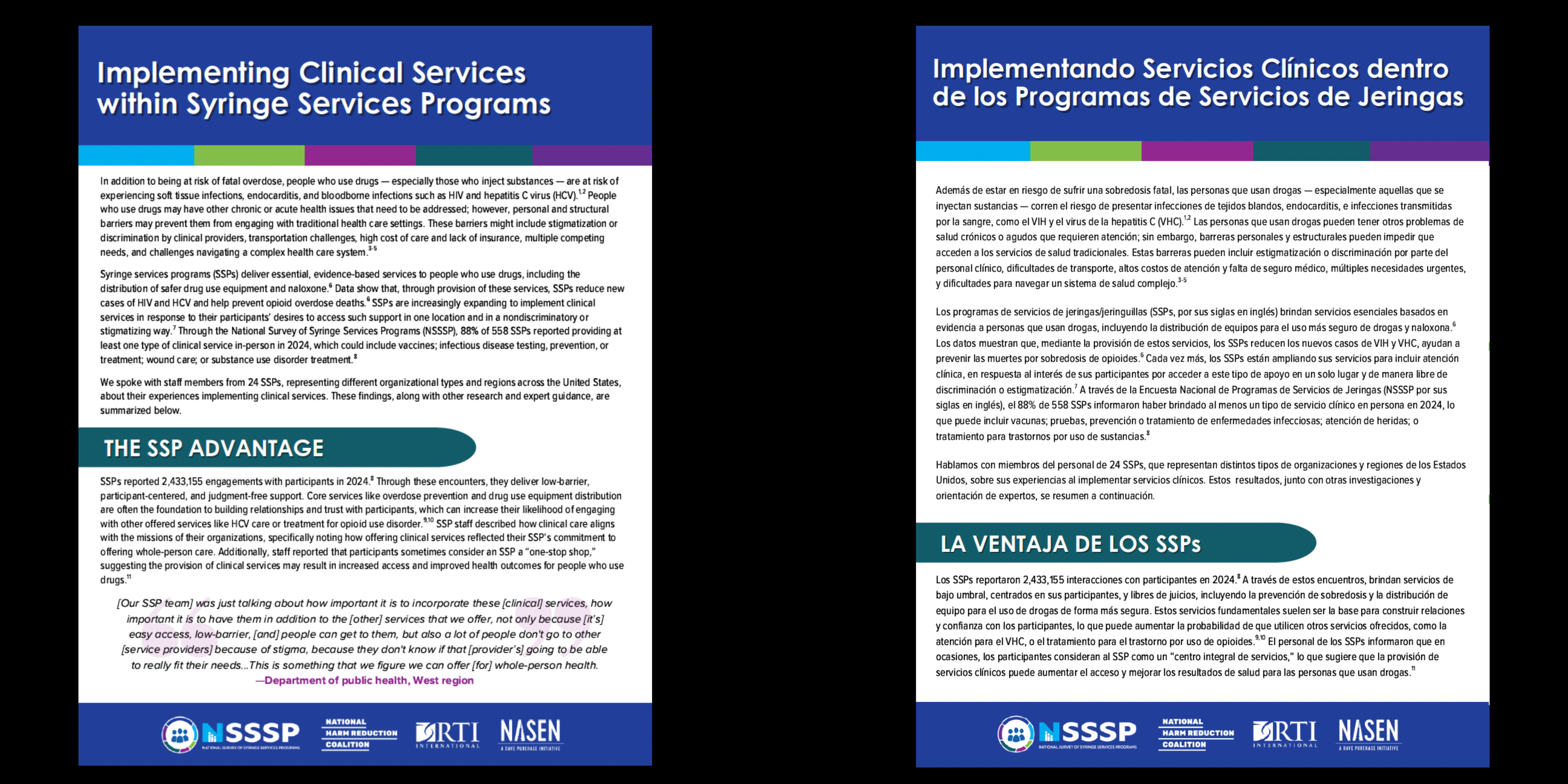 Screenshots of two fact sheets side by side over black background. The fact sheets are white with dark blue header and footers, with bold, large white font reading in part, "Implementing Clinical Services within Syringe Services Programs" and "Implementando Servicios Clínicos dentro de los Programas de Servicios de Jeringas". Copy and pull-quotes are shown in both fact sheets.