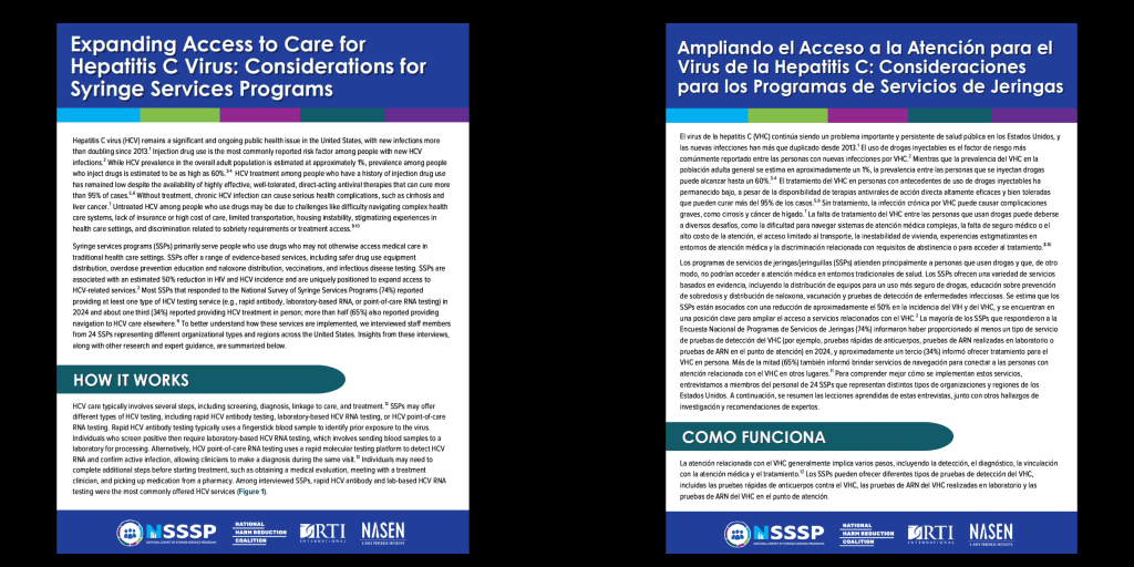 Two screenshots of fact sheets over black background. Left fact sheet title reads, “Expanding Access to Care for Hepatitis Virus: Considerations for Syringe Services Programs” in white font over dark blue background. Fact sheet at right reads, “Ampliando el Acceso a la Atención para el Virus de la Hepatitis C: Consideraciones para los Programas de Servicios de Jergingas.” NHRC, RTI, and NASEN logos at bottom center.