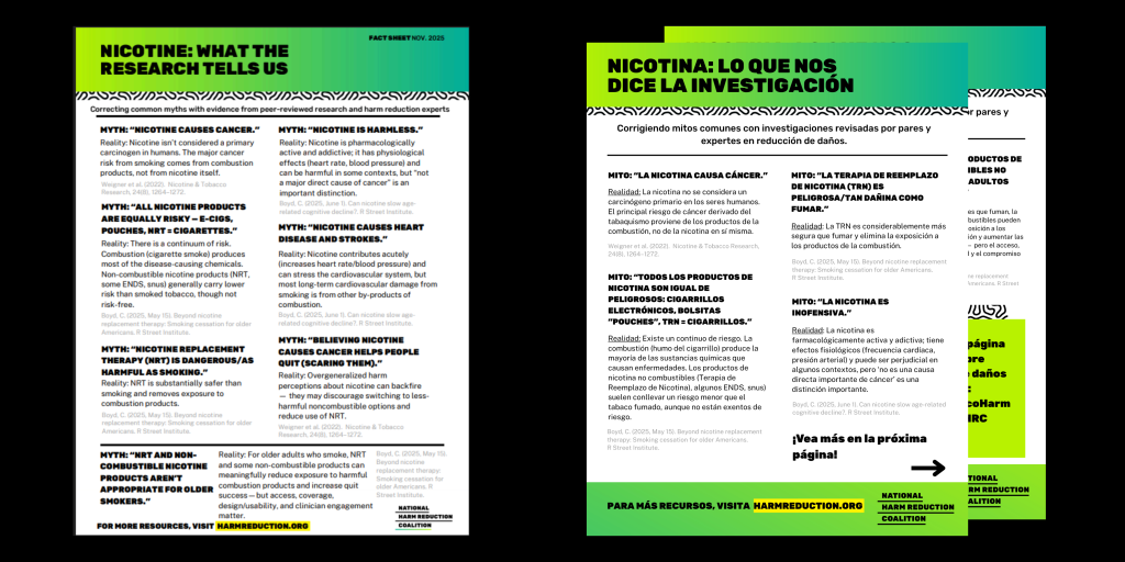 Screenshots of two fact sheets side by side over black background. The fact sheets are white with blue-green gradient headers, with bold, large black font reading in part, "Nicotine: What the Research Tells Us" and "Nicotina: lo que nos dice la investigación". The remainder of the fact sheet displays myths and facts about nicotine.